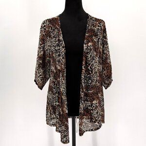 Vtg Chicos Animal Print Cardigan Jacket Women M Asymmetrical‎ Open Knit Sheer